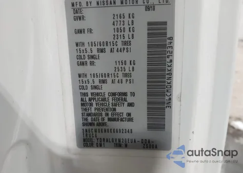 2019 Nissan Nv200 Sv z USA, uszkodzony, nr VIN 3N6CM0KN8KK692348